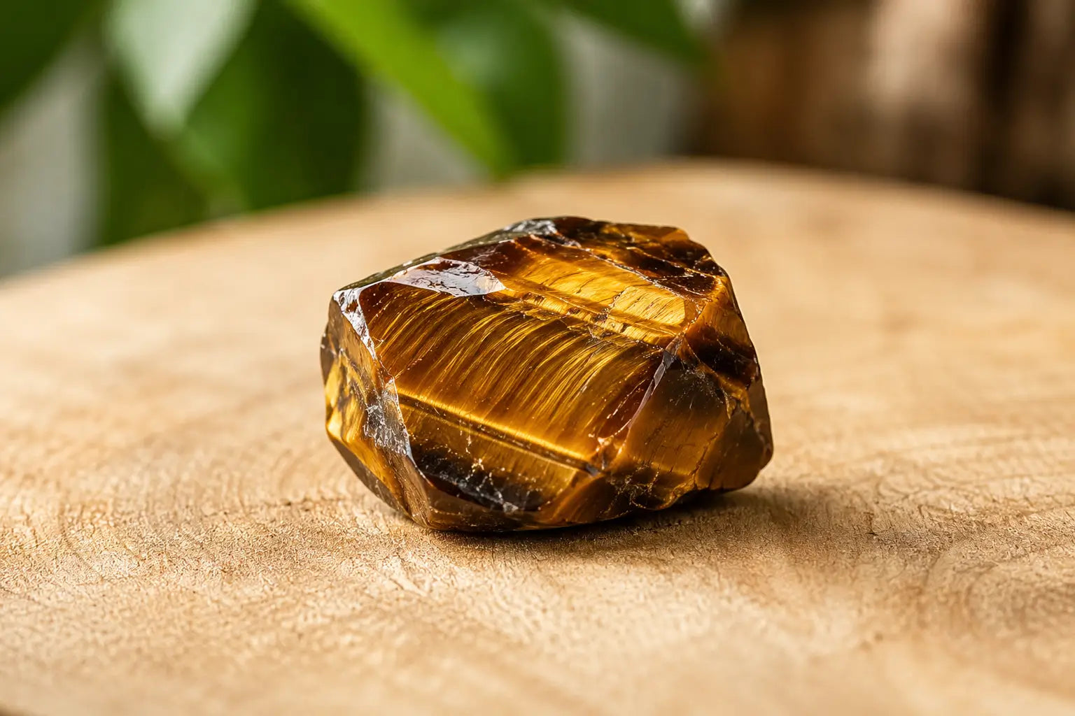 A polished raw piece of natural Tiger Eye stone with golden-brown chatoyancy, placed on a rustic wooden surface as part of the Mariv Stones collection.