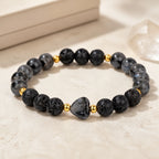 Moonlit Heart Labradorite and lava stone bracelet on ivory background