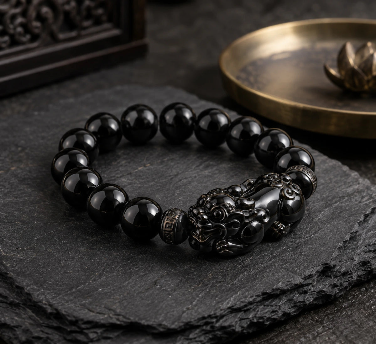 Carved Obsidian Pixiu Bracelet