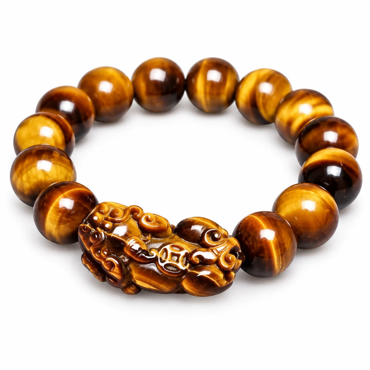 Tiger eye Pixiu bead bracelet on white background, 10mm or 12mm beads