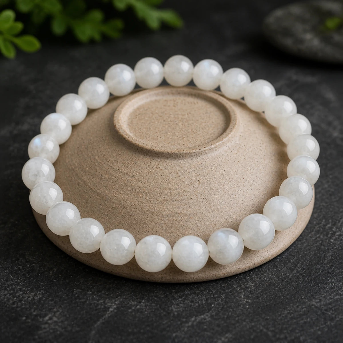 Aurora Flash labradorite bracelet displayed around a beige ceramic pedestal