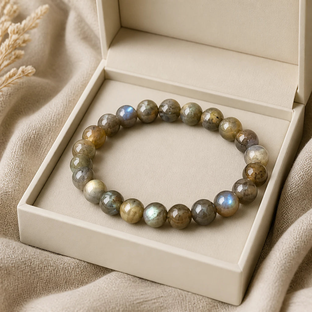Moonlit Labradorite bracelet presented in an ivory jewelry gift box