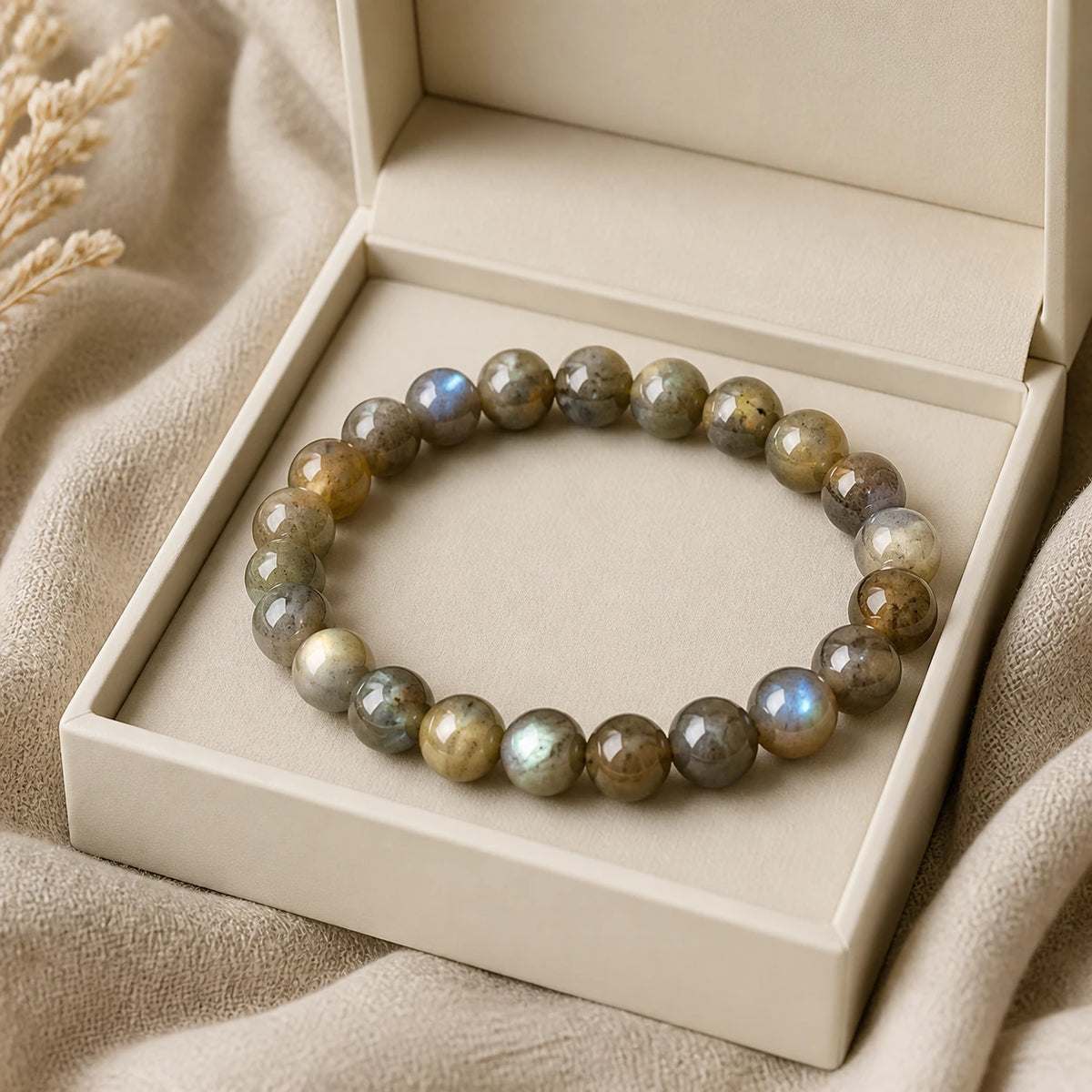 Moonlit Labradorite bracelet presented in an ivory jewelry gift box
