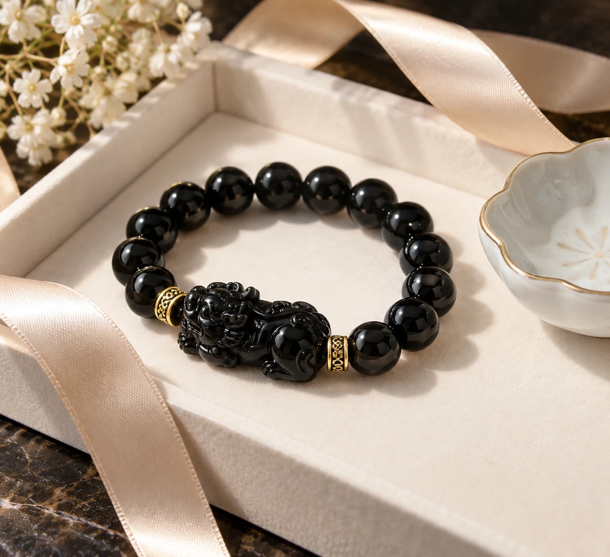 Carved Obsidian Pixiu Bracelet