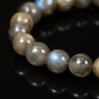 Close-up of polished labradorite beads with a vivid blue flash