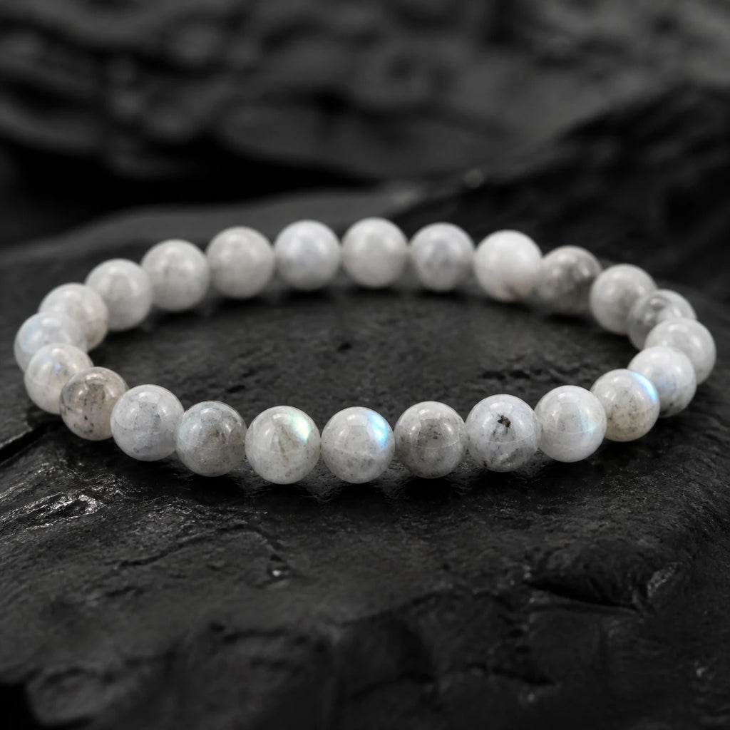 Detailed pale gray labradorite bead texture and subtle blue-green sheen