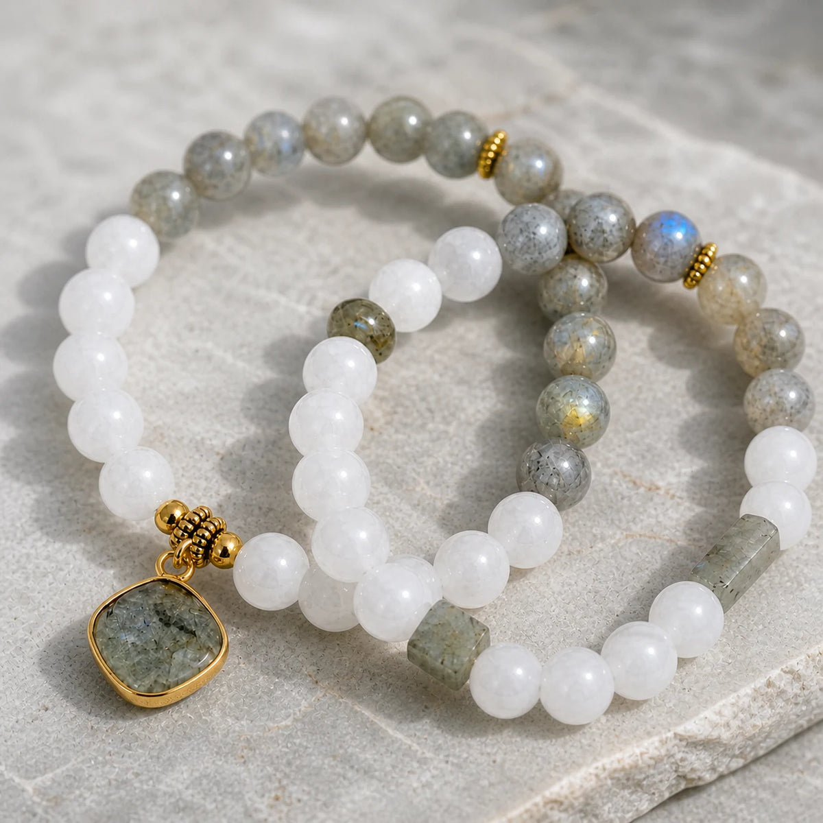 Harmony Duo Labradorite & White Jade Bracelet Set