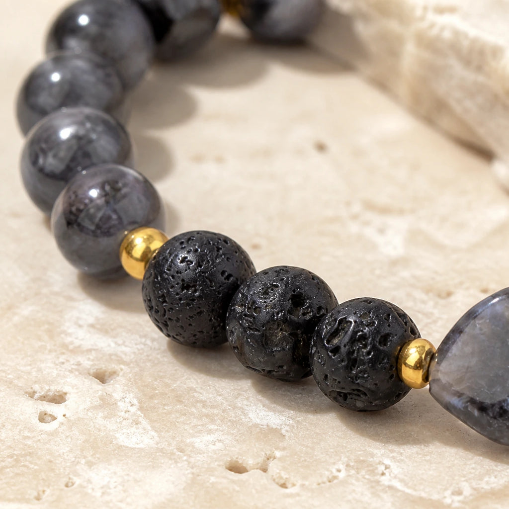Detailed porous black lava beads with smoky gray gemstone beads