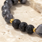 Detailed porous black lava beads with smoky gray gemstone beads