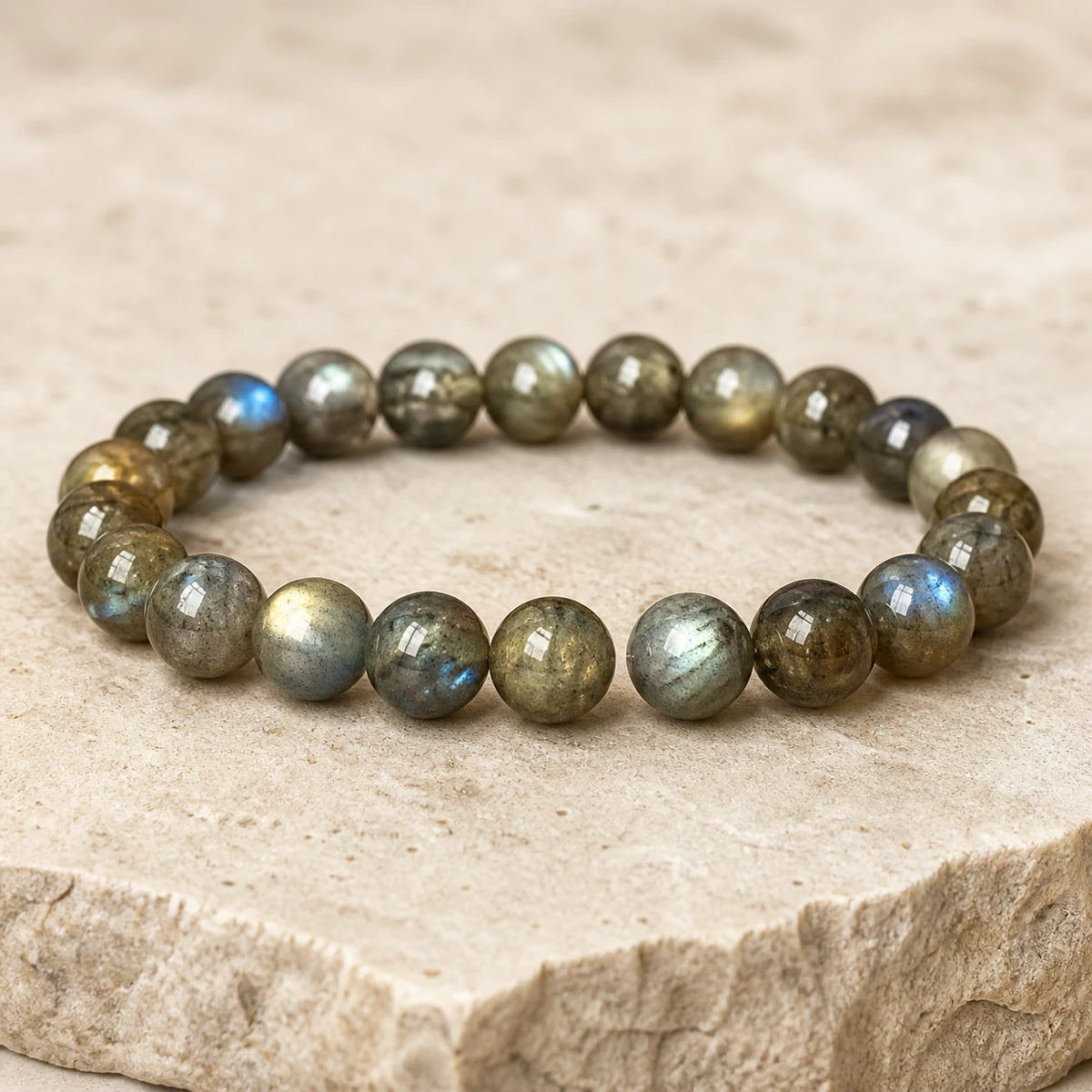 Detailed smoky gray labradorite beads with natural blue-green sheen
