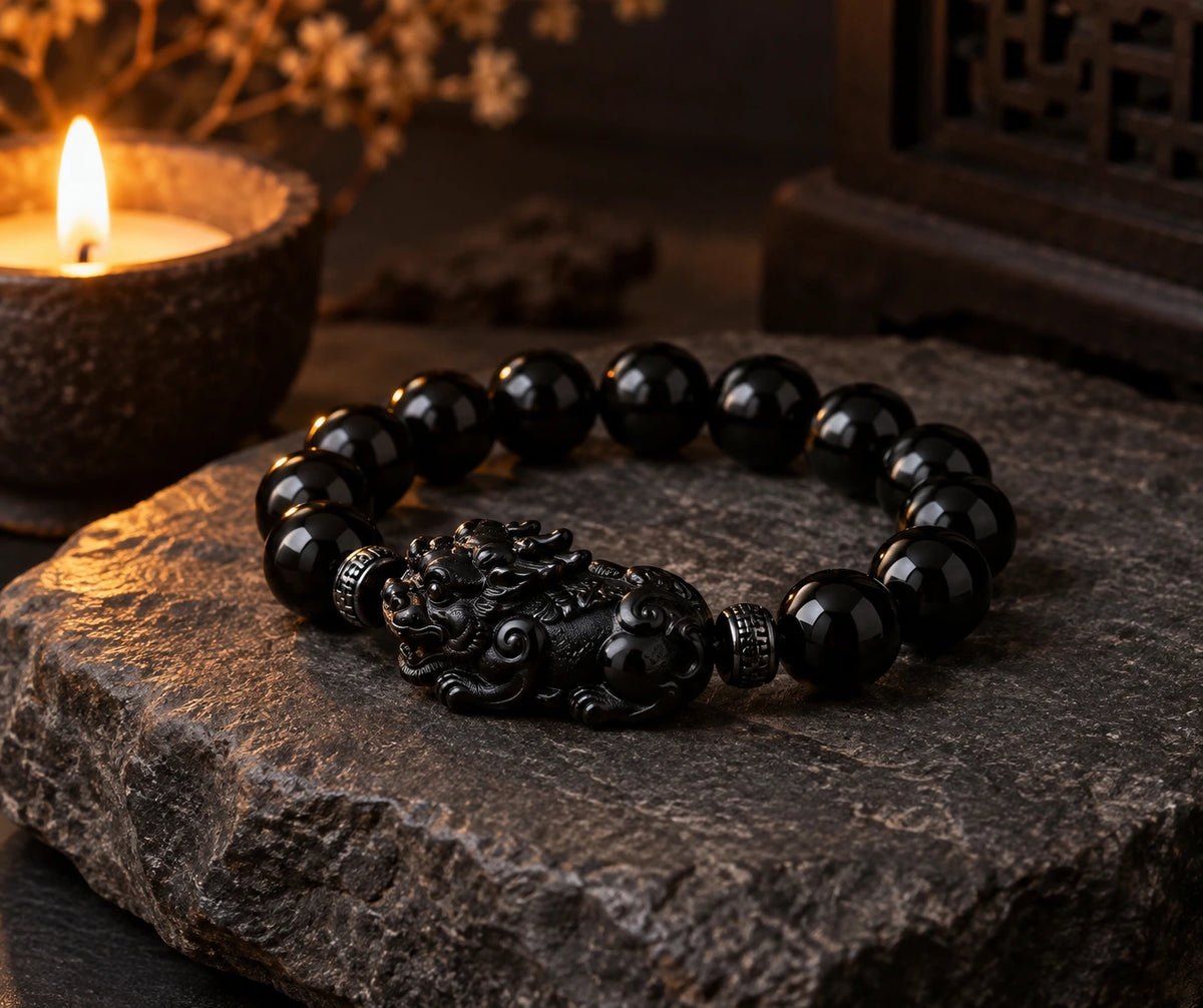 Carved Obsidian Pixiu Bracelet