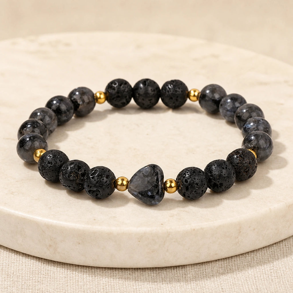 Side-angle view of Moonlit Heart gemstone and lava stone bracelet