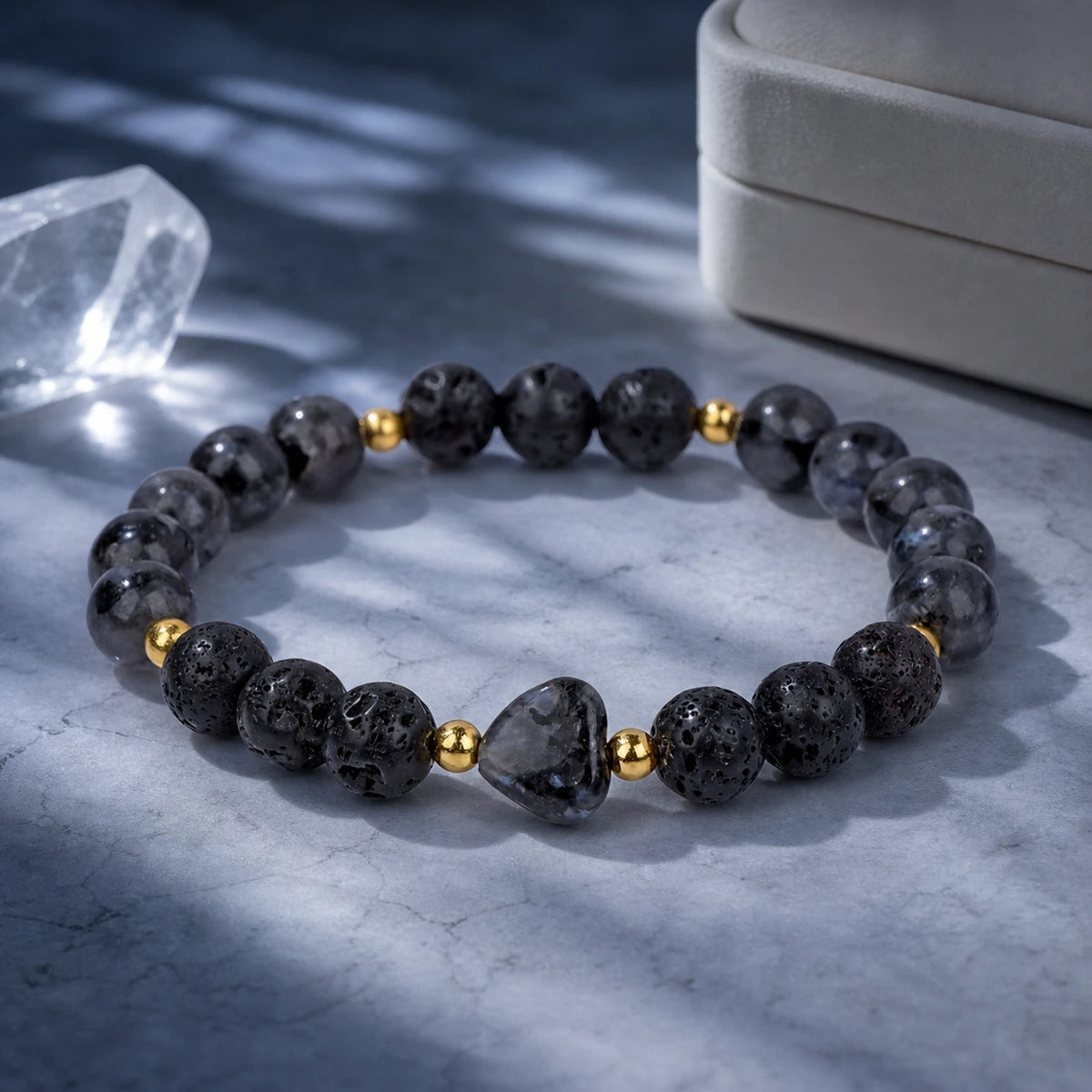 Moonlit Heart bracelet styled in soft moonlight with crystal accent
