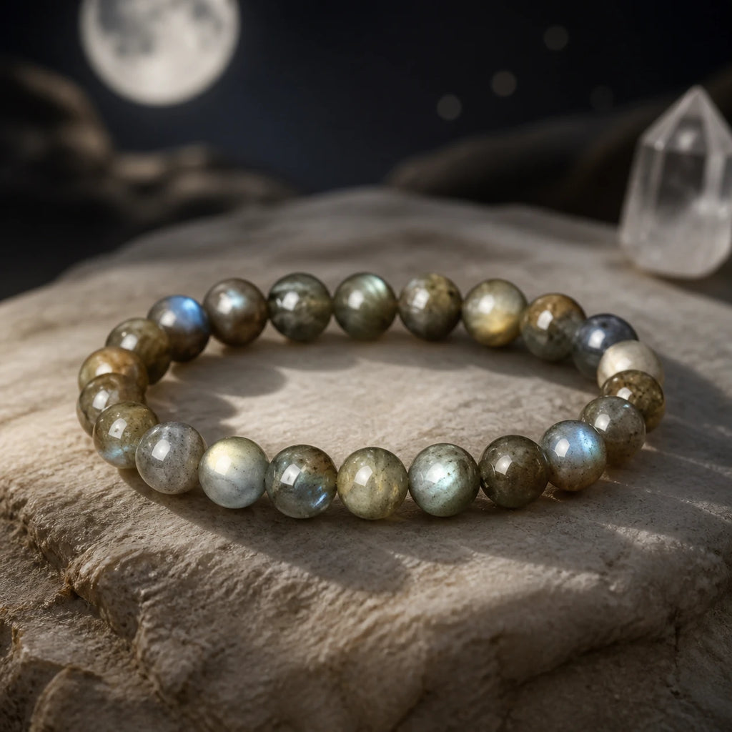 Moonlit Labradorite bracelet styled under soft moonlight with crystal accent