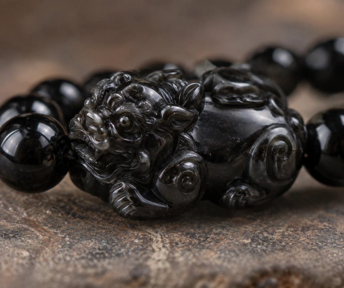 Carved Obsidian Pixiu Bracelet