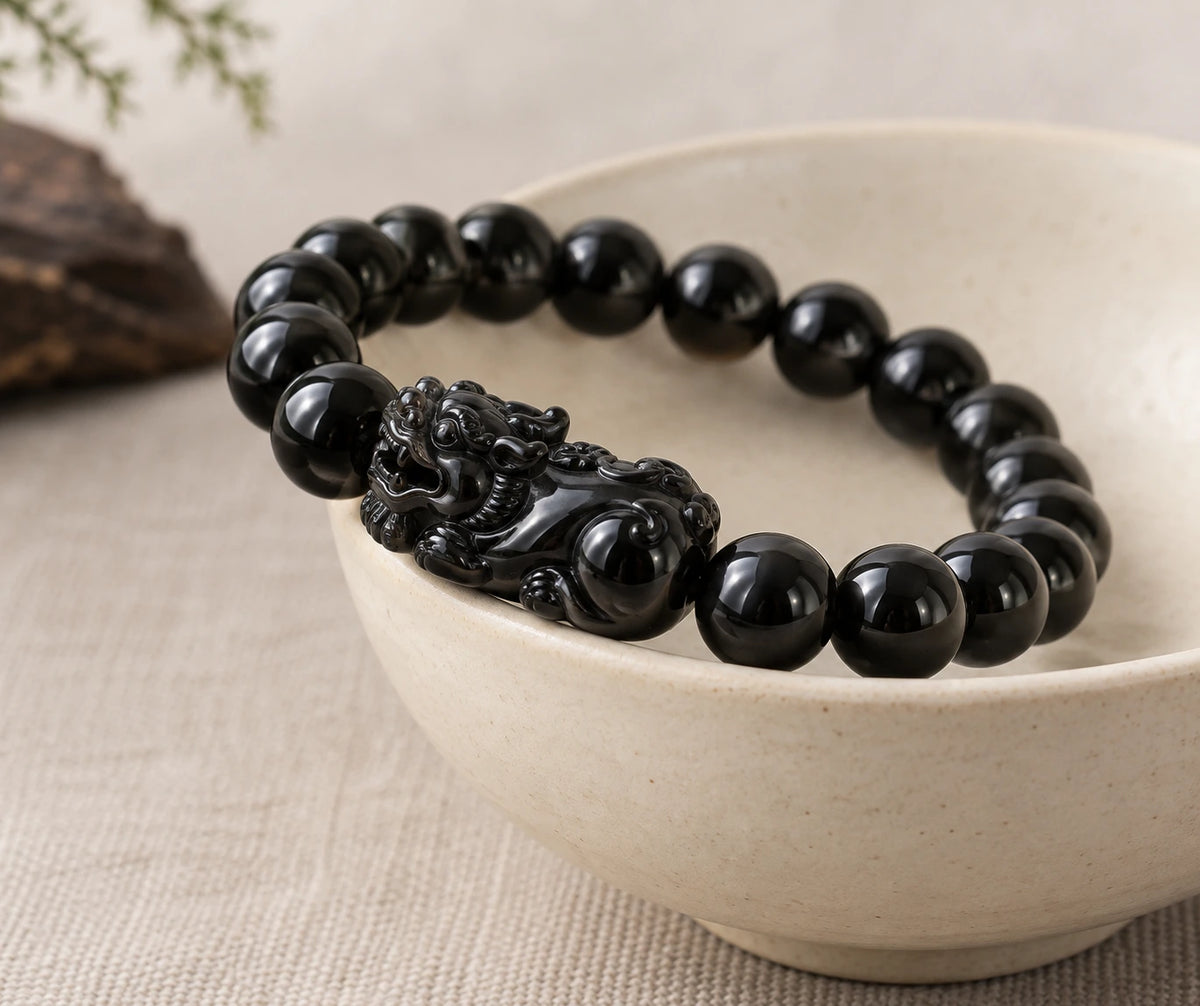 Carved Obsidian Pixiu Bracelet