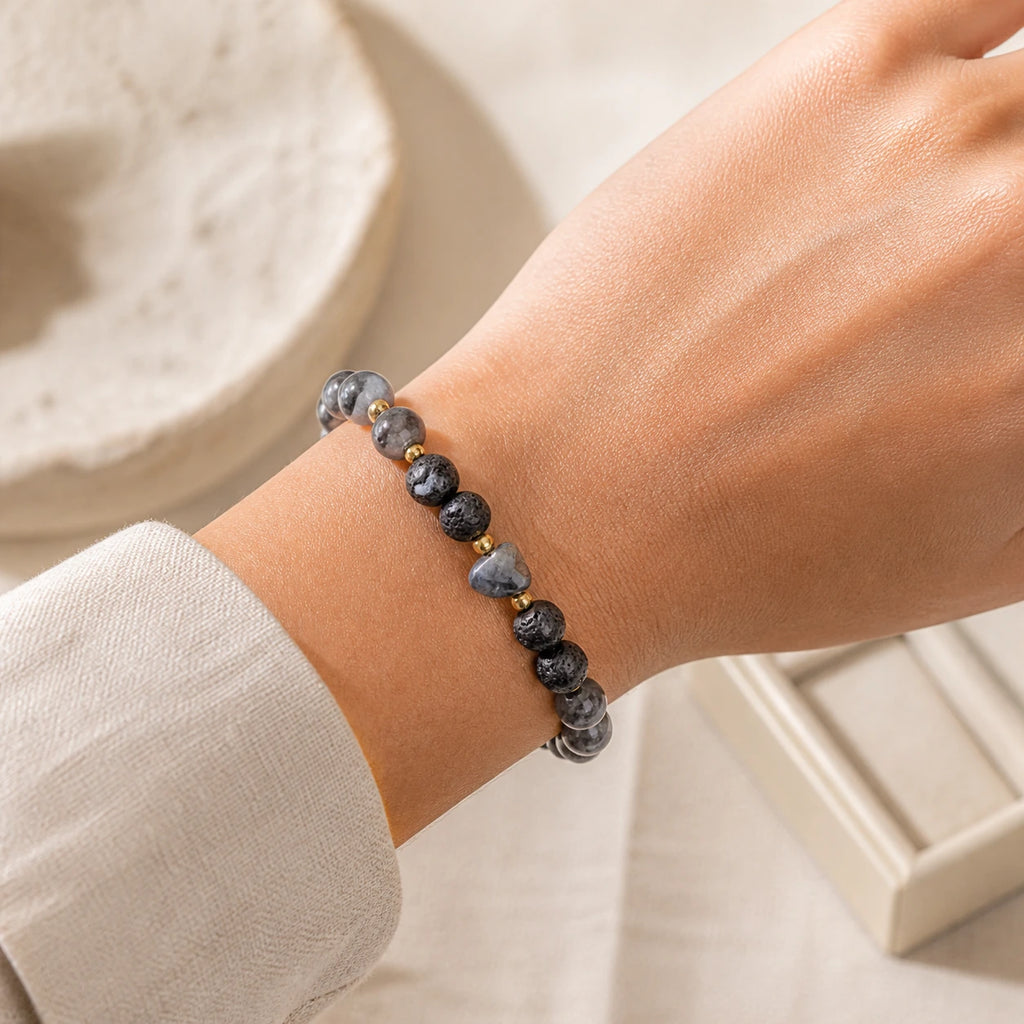 Moonlit Heart gemstone and lava stone bracelet worn on wrist