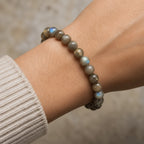 Moonlit Labradorite gemstone bead bracelet worn on an adult wrist