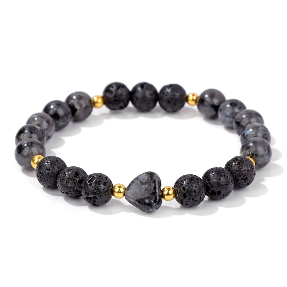 Moonlit Heart gemstone bead bracelet with gray heart centerpiece