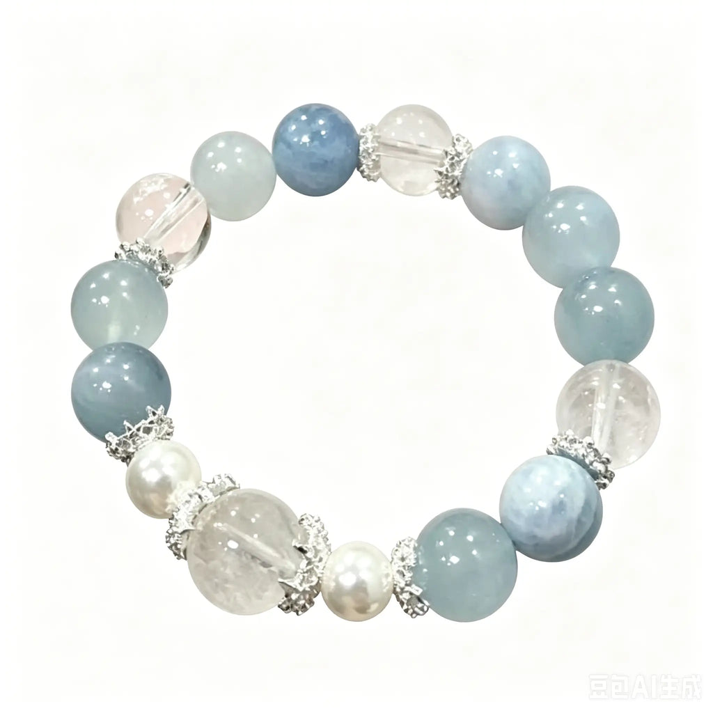 Handmade Aquamarine and Quartz Beaded Bracelet.