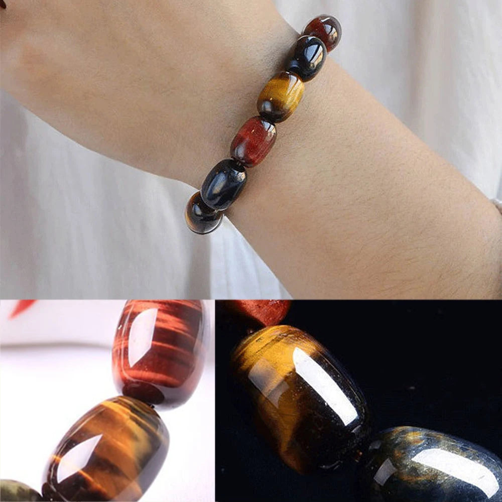 Authentic multi-color tiger eye bracelet set showcasing natural stone patterns.