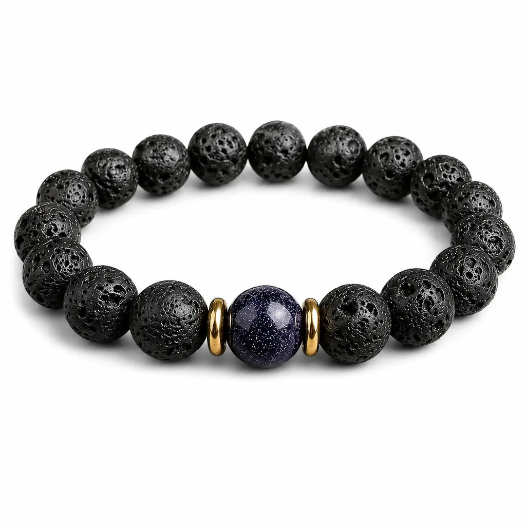 Minimalist black lava bead bracelet with blue galaxy stone centerpiece on white background, spiritual gemstone bracelet for calm and balance.