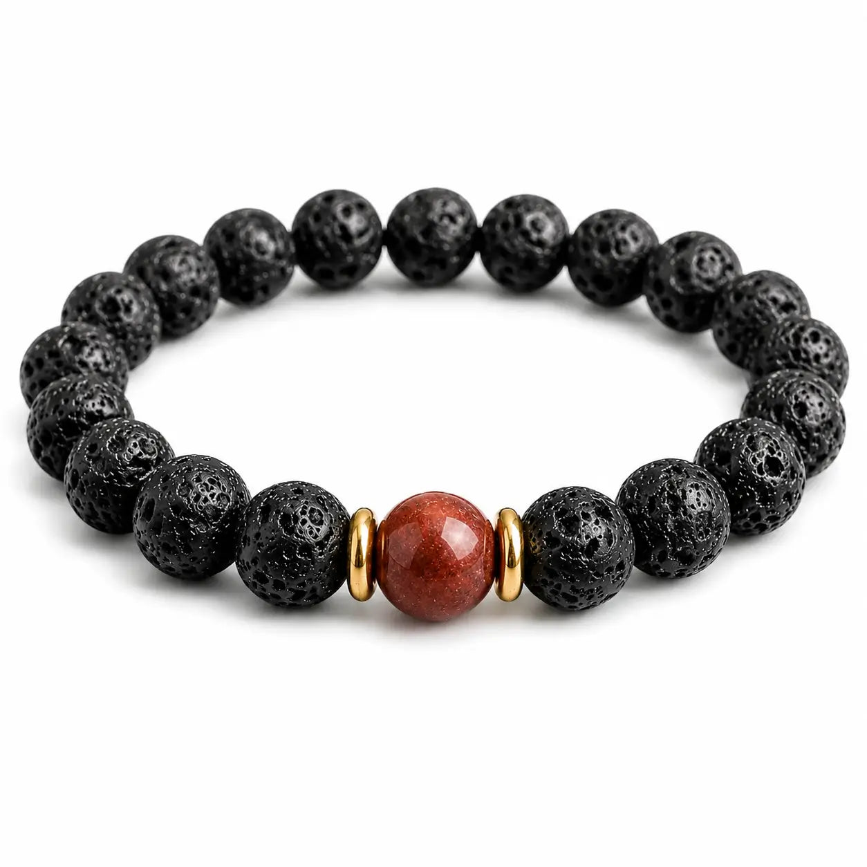 Black lava stone bead bracelet with red center gemstone on white background, minimalist volcanic rock jewelry for grounding and everyday wear.
