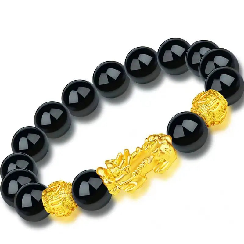 Classic Black Obsidian Pixiu Bracelet with gold-tone accents for protection and abundance.