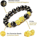 Detailed view of Black Obsidian Pixiu Bracelet highlighting obsidian beads, Pixiu charm and symbolic elements.