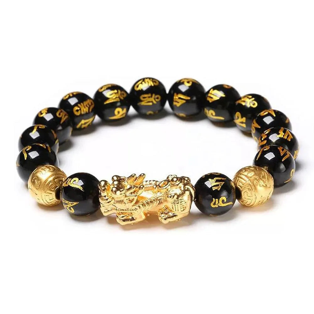 Front view of a Black Obsidian Pixiu Bracelet featuring polished gemstone beads and guardian charm.