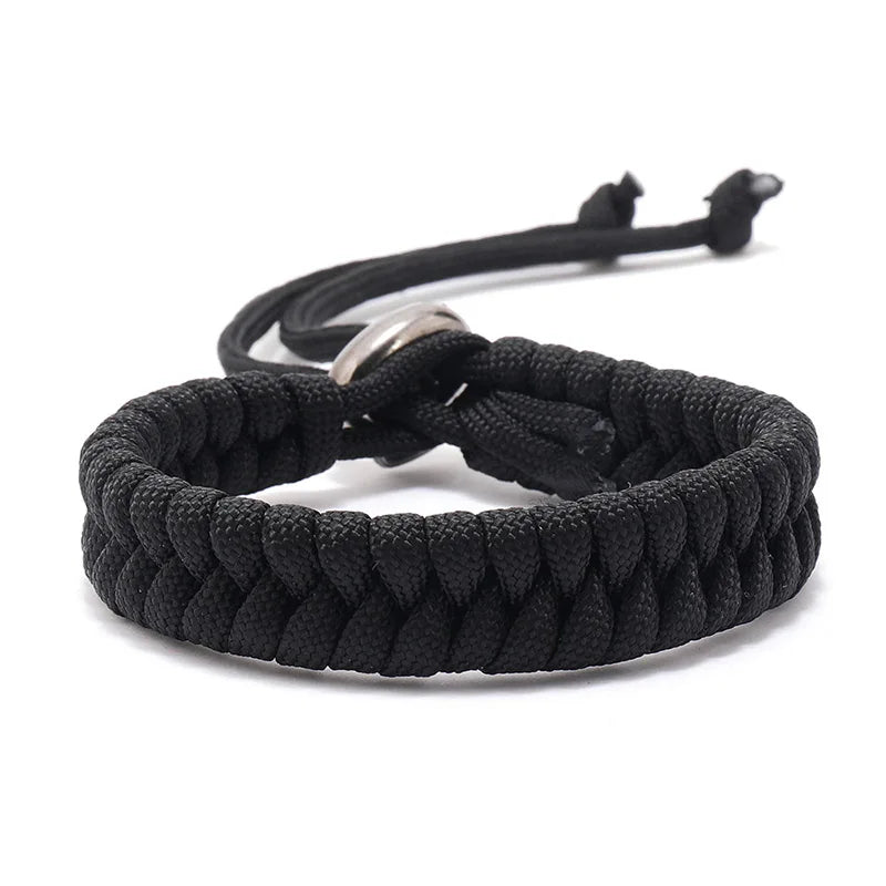 Black handwoven paracord bracelet for men with adjustable outdoor survival design
