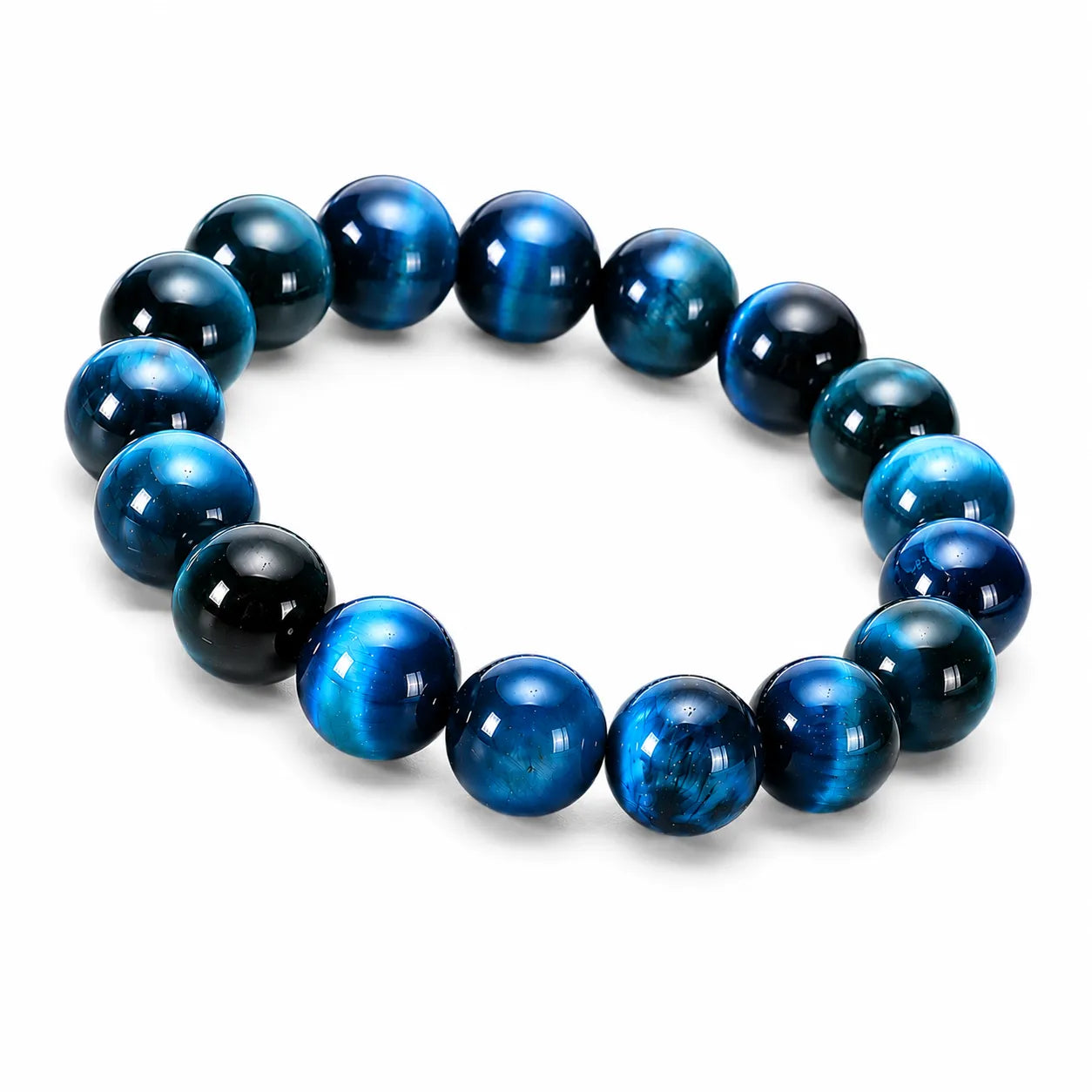 Angled View of Mariv Stones Blue Tiger Eye Gemstone Bracelet Showing Glossy Natural Stone Texture and Handcrafted Design.