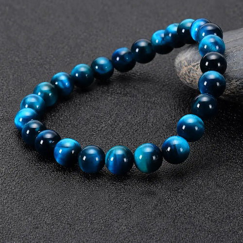 Mariv Stones Blue Tiger Eye Bracelet with Rich Natural Stone Texture and Deep Blue Reflective Gemstone Beads.
