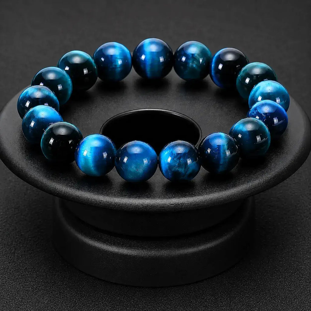 Luxury Blue Tiger Eye Bracelet by Mariv Stones with Deep Ocean Blue Gemstone Beads and Elegant Minimalist Display.