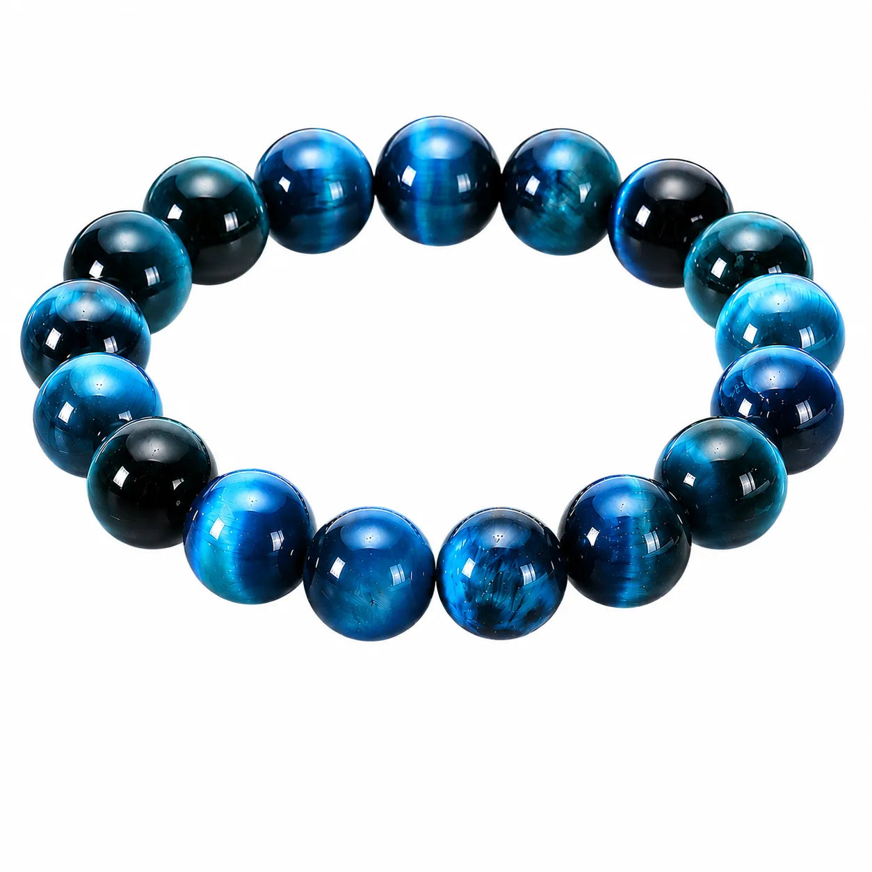 Natural Blue Tiger Eye Bracelet by Mariv Stones with Polished Round Gemstone Beads on Clean White Background.