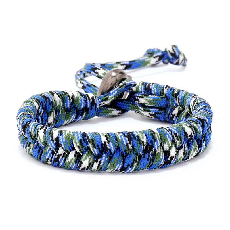 Camouflage blue braided paracord bracelet with adjustable cord closure
