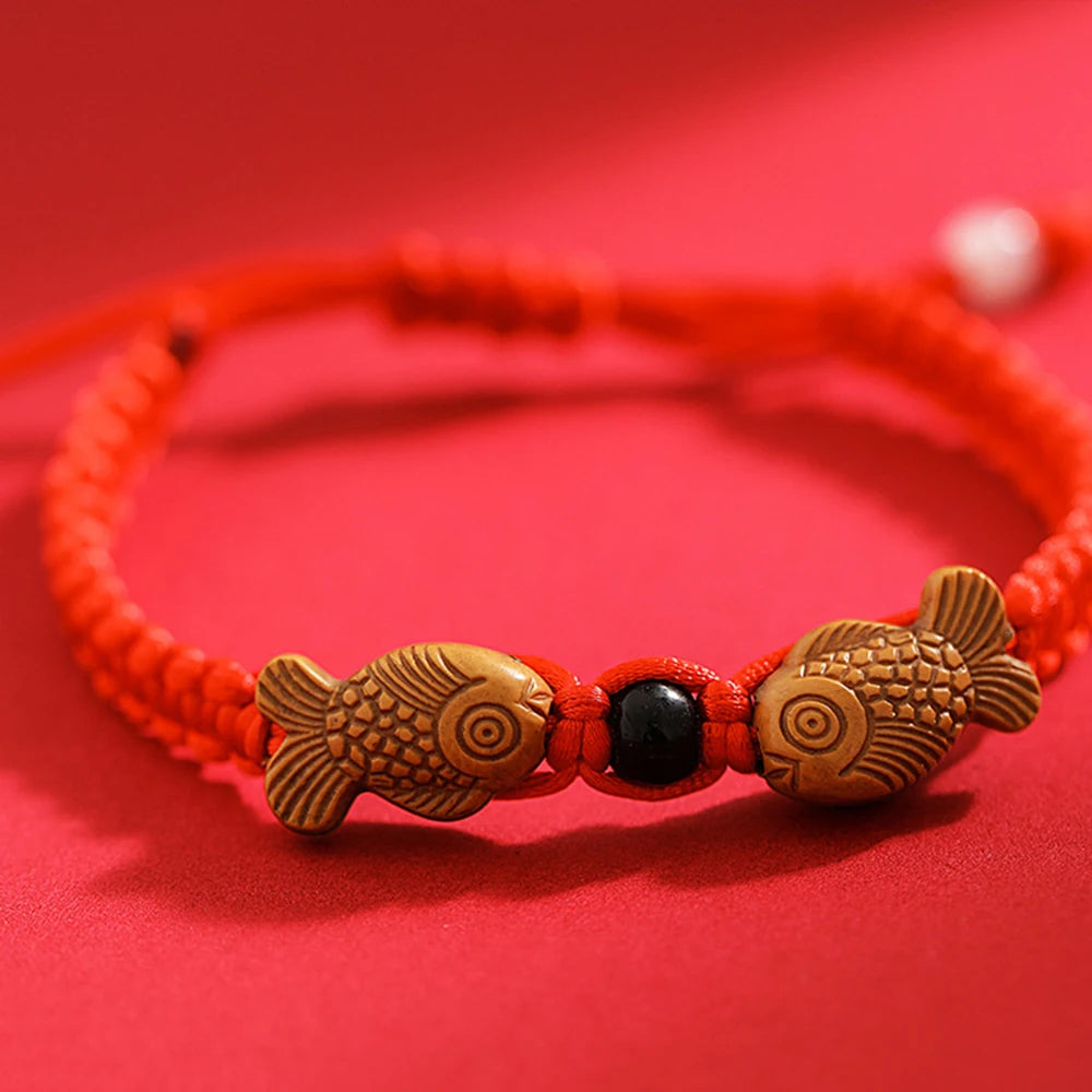 Lucky Red String Bracelet with Twin Fish Charm