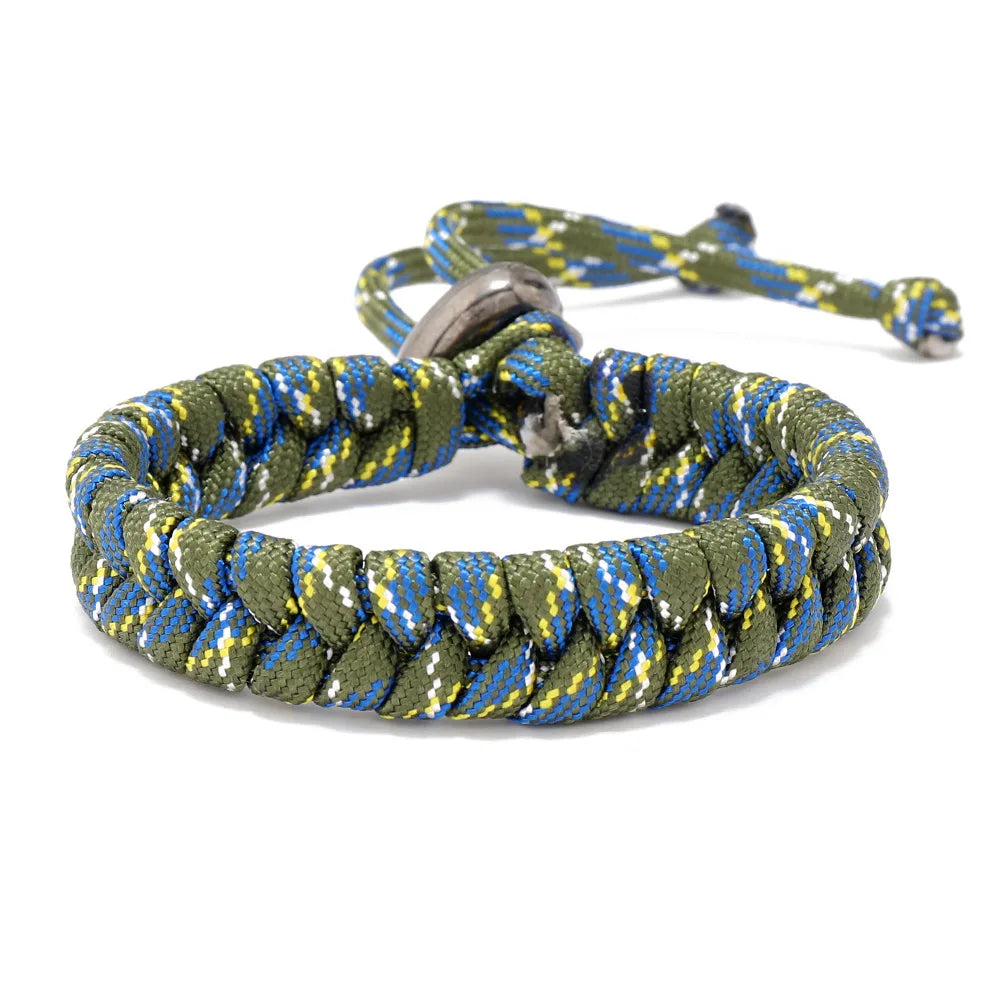 Green blue handwoven paracord survival bracelet for outdoor adventures and travel