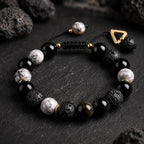 Handmade lava stone bracelet with black onyx and white howlite beads for grounding, protection, and calm energy.
