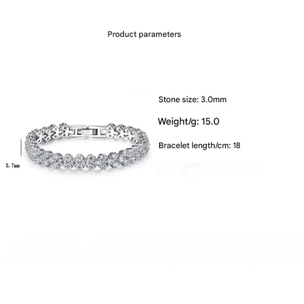 Product parameters and bracelet size chart for crystal flower tennis bracelet.
