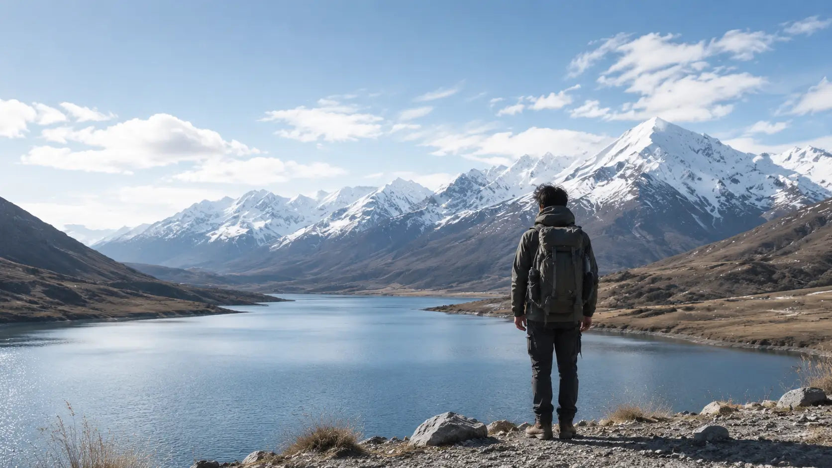Back view of a traveler overlooking snowy mountains and a serene lake.