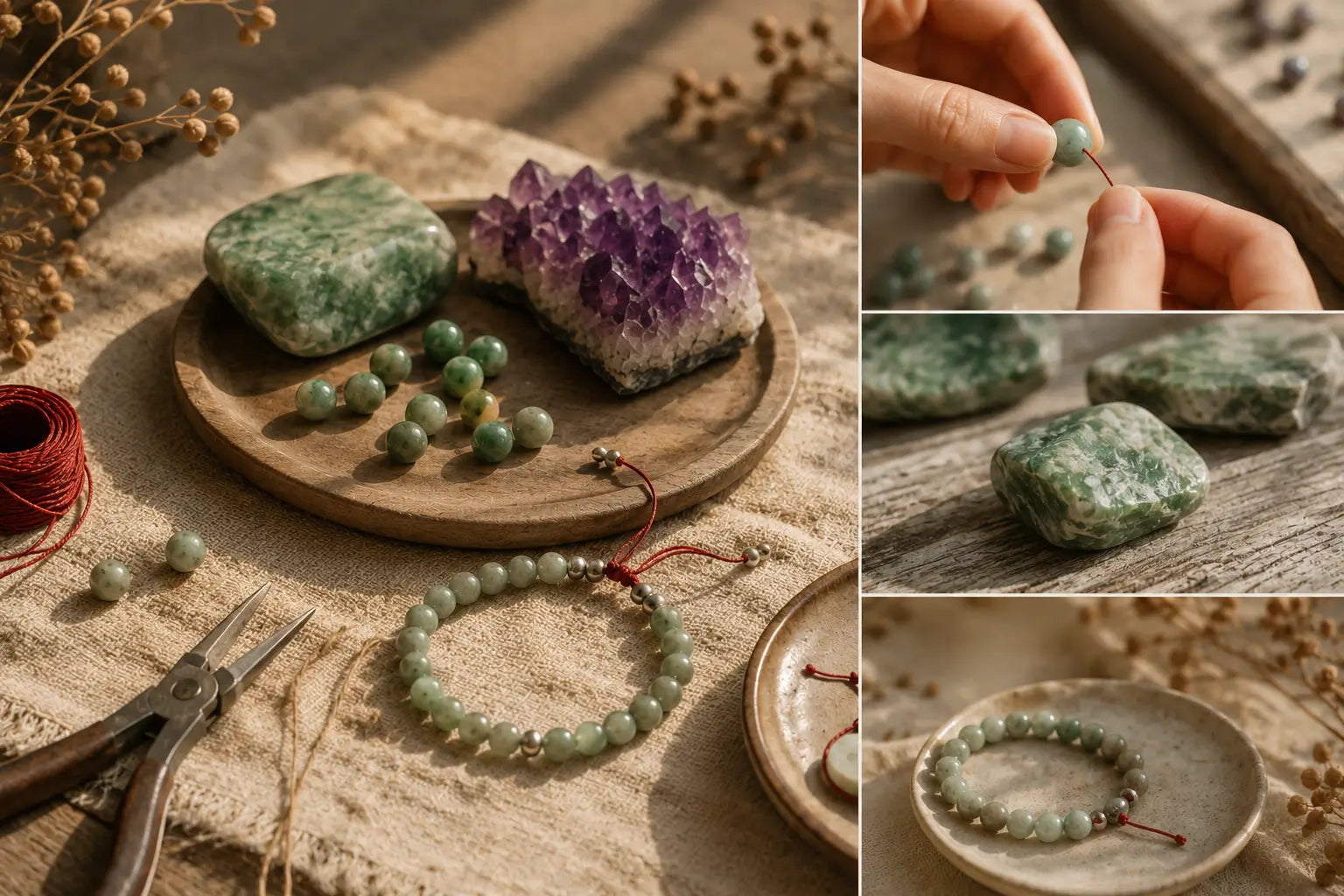 Close-up of natural gemstones and handcrafted jewelry on a linen surface.