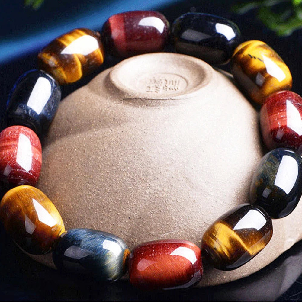 Elegant Mariv Stones tiger eye bracelet styled on a ceramic base.