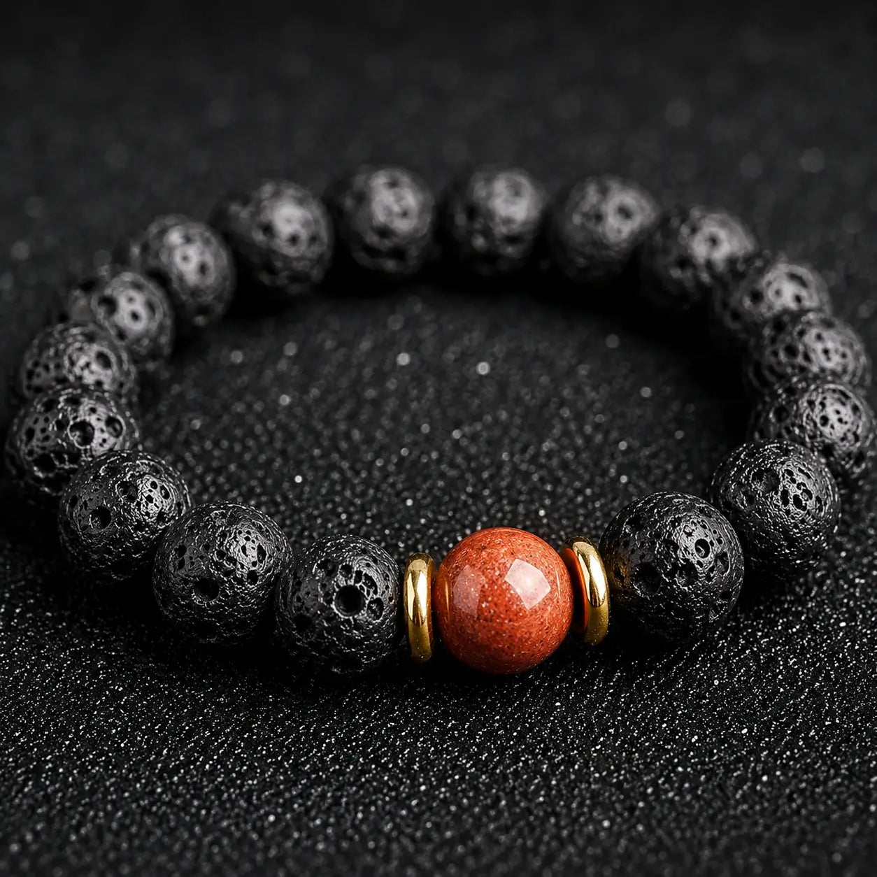 Blue goldstone and lava stone bracelet with gold accents for calm focus, protection, and everyday grounding.