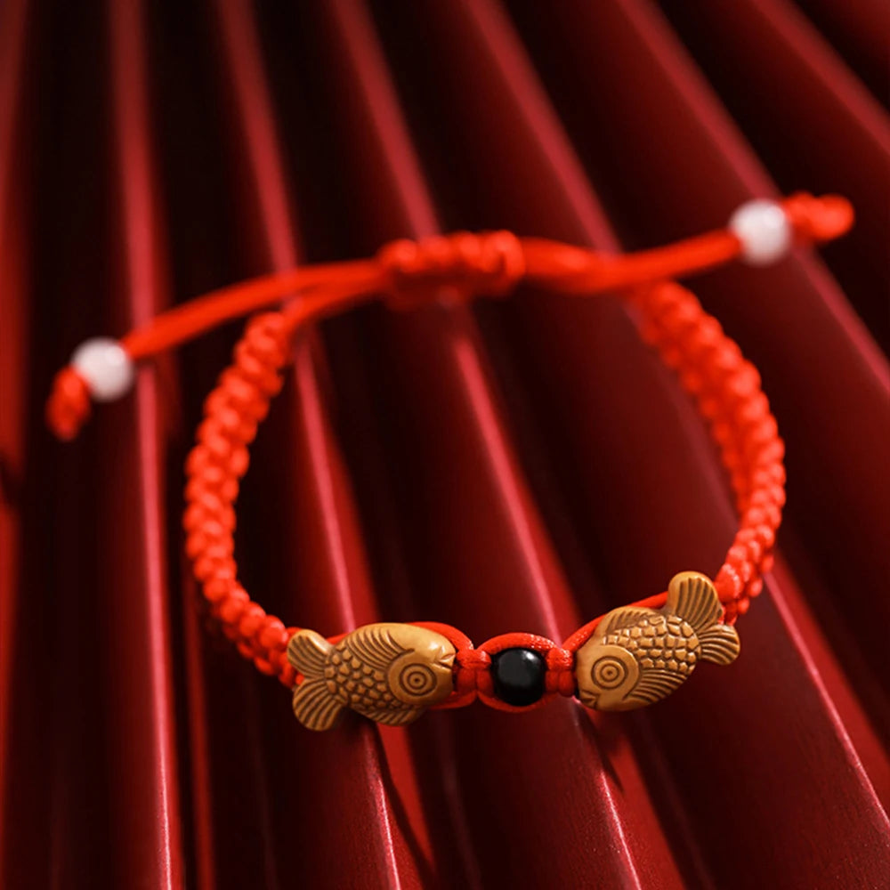 Lucky Red String Bracelet with Twin Fish Charm