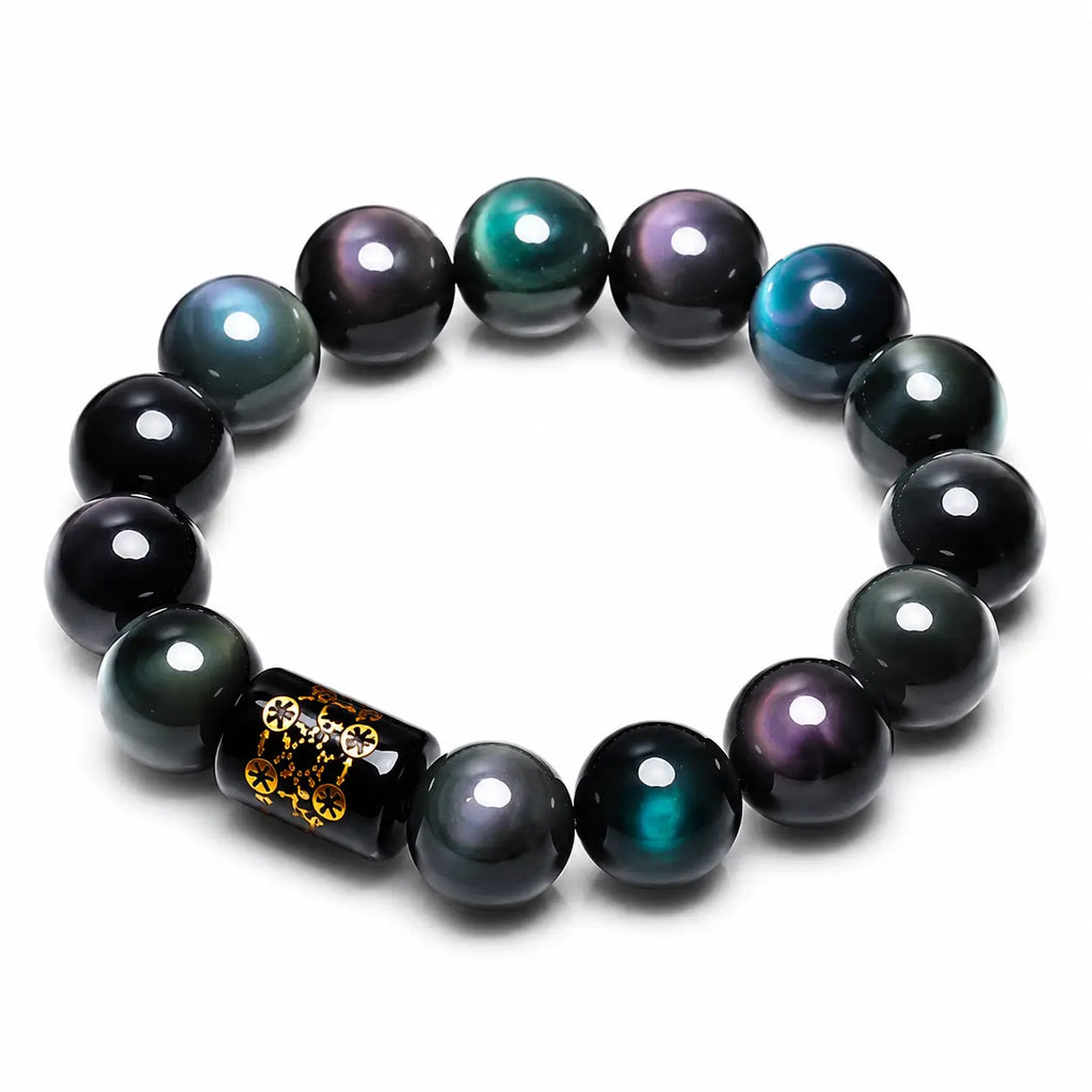 Rainbow Eye Obsidian Protection Bracelet on white background, featuring rainbow sheen beads for grounding and protection.