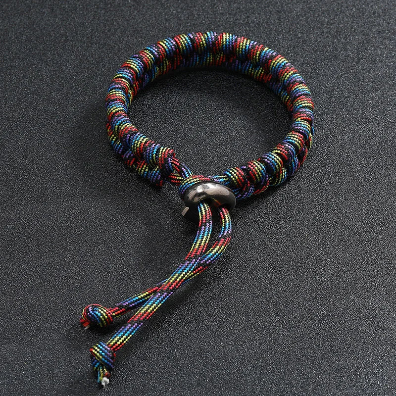 Colorful braided paracord bracelet featuring durable handwoven rope design