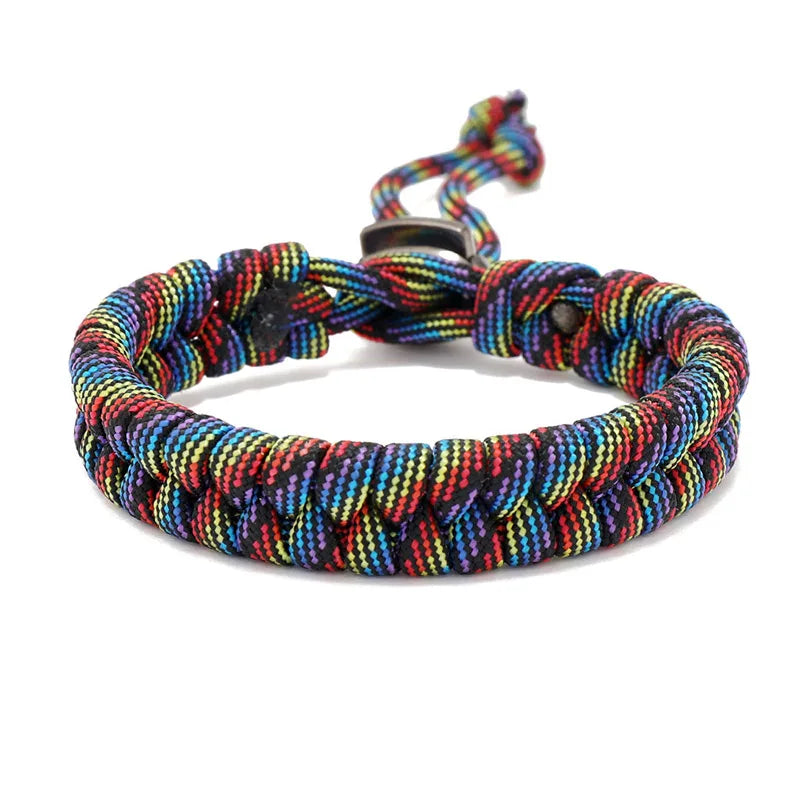 Rainbow woven paracord bracelet for men featuring colorful outdoor style