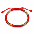 Handmade Tibetan lucky knot red string bracelet with colorful woven accents, adjustable braided cord design for everyday wear and good fortune.