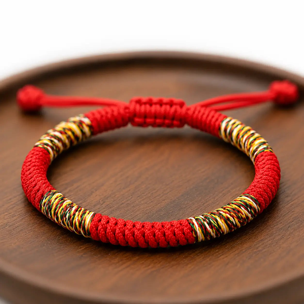 Close-up of a handmade Tibetan lucky knot red string bracelet displayed on a wooden tray, featuring colorful woven details and adjustable braided craftsmanship.